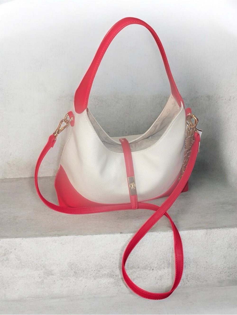 Crossi Cream and Pink Two-Tone Leather Hobo with Detachable Strap